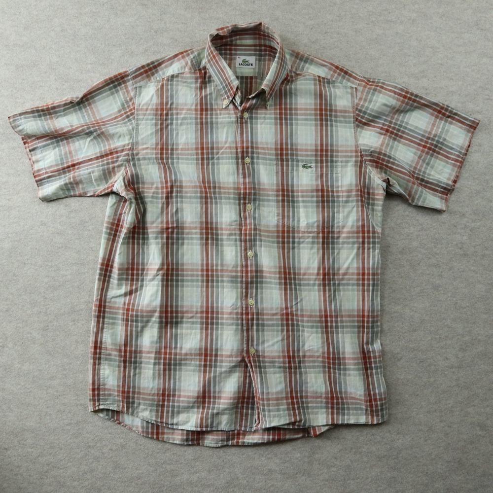 Lacoste Shirt 40 Plaid Short Sleeve Vintage Crocodile Logo Button Down